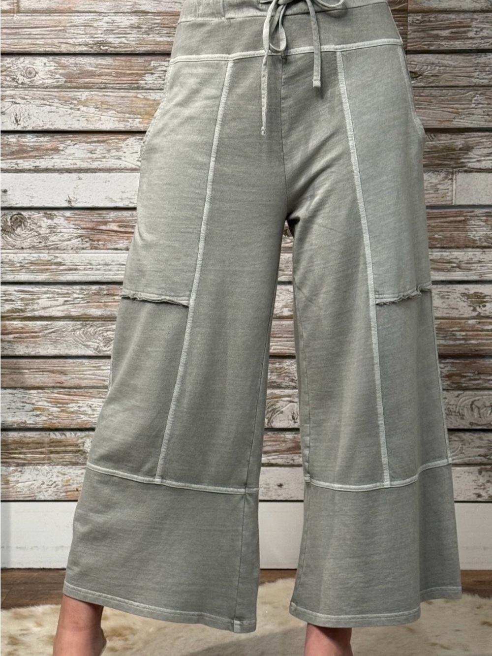 Zenana Wide Leg Panel Stitch Crop Pants in Sage Green